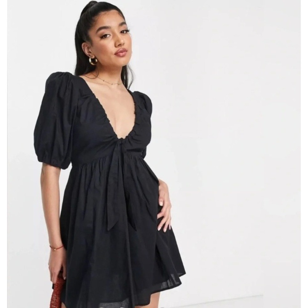 Abercrombie & Fitch Black Cinch-Front Cotton Texture Puff Sleeve Mini Dress M
